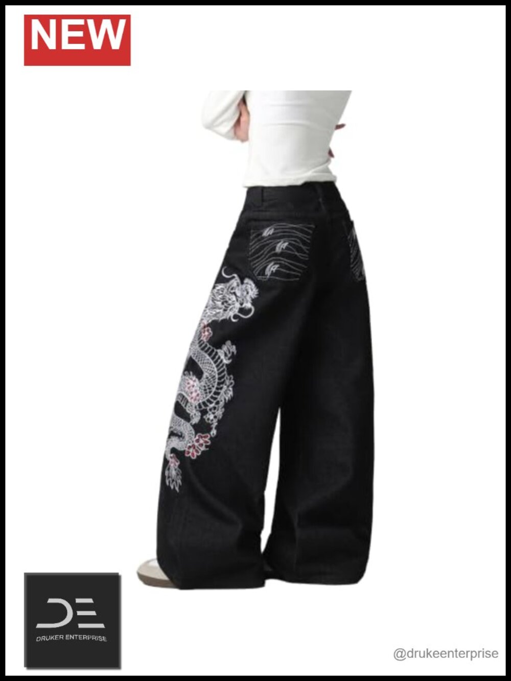 Baggy Wide Leg Jeans High Waisted Y2K Dragon Graphic Denim Pants